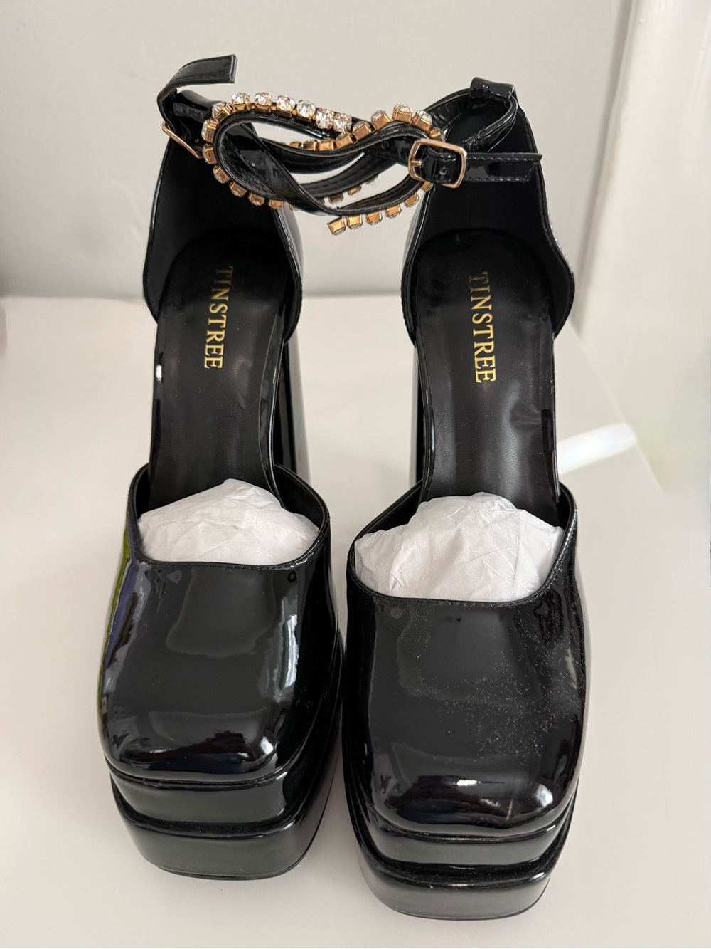 NWOB Patent Platform Block Heels with Rhinestone Ankle Strap -
Black Size 8